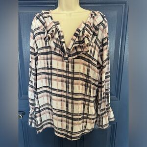 LOFT Outlet Long Sleeve Plaid Blouse Top Size Large Ruffle Trim Neck & Sleeves